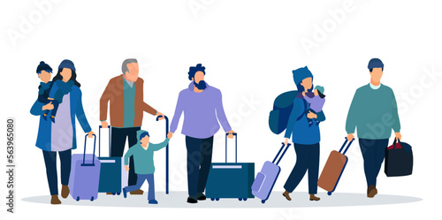 Vector of refugees, women with children, men carrying begs, elderly people