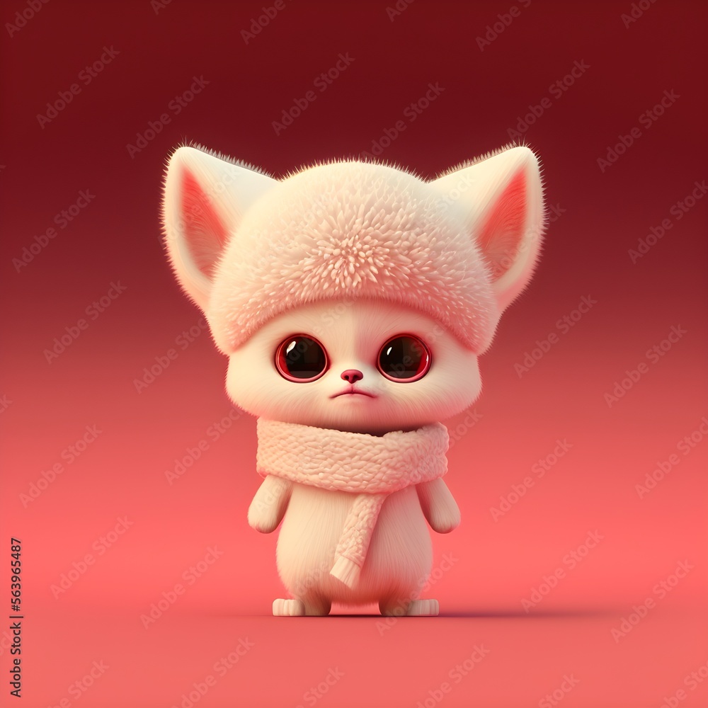 illustration of pink Chilean Pudu - stand up anthropomorphic valentine gift holding happy cute fox created by generative ai tool, fluffy and hairy, wearing a winter hat  and scarf