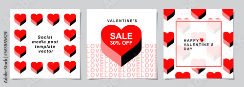 Happy Valentines Day square banner for social media posts, mobile apps, banners, digital marketing, sales promotion and website ads. Vector backgrounds, geometric style with hearts pattern.