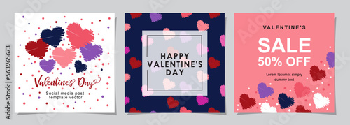 Happy Valentines Day square banner for social media posts, mobile apps, banners, digital marketing, sales promotion and website ads. Vector backgrounds, geometric style with hearts pattern.