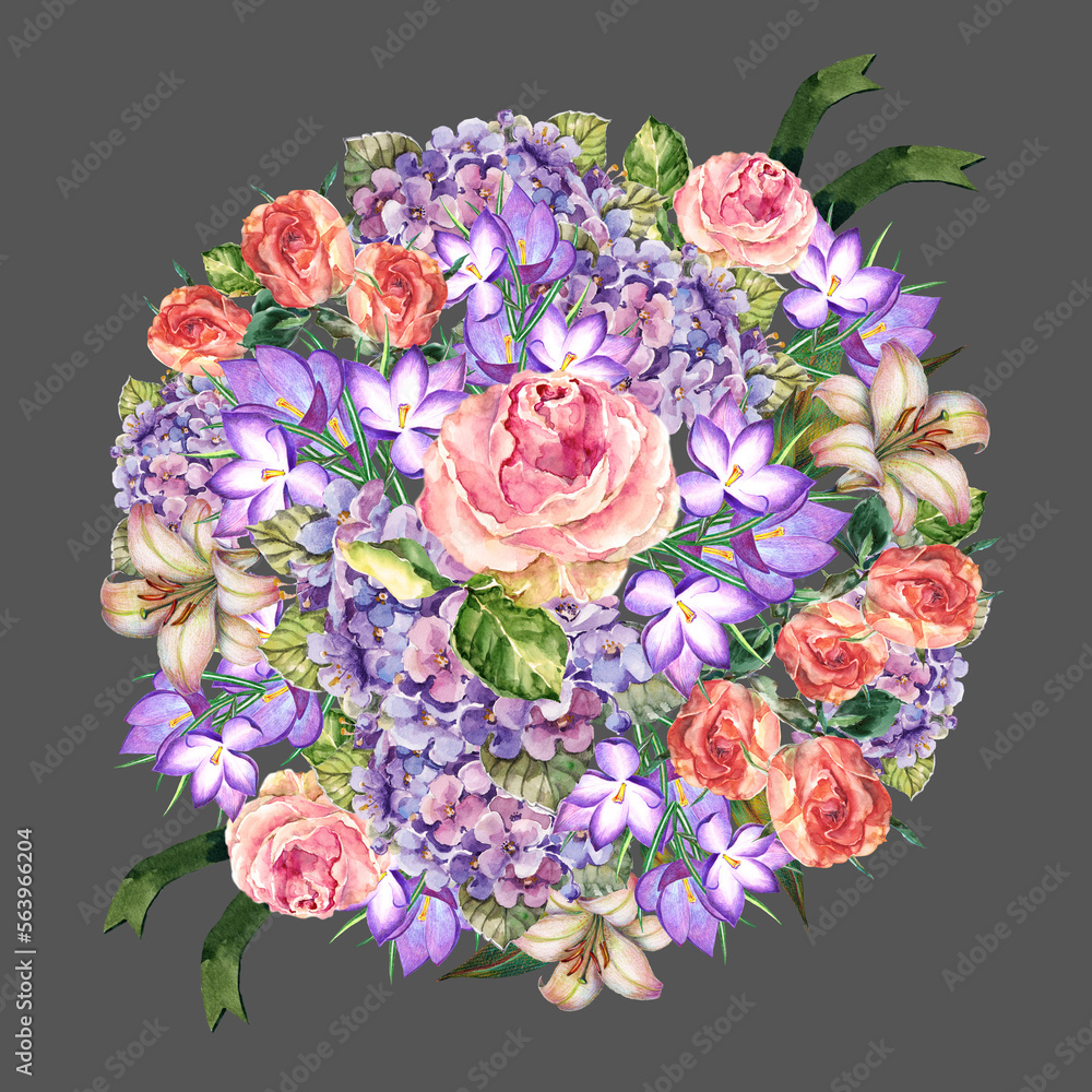 Floral illustration with garland of spring flowers with leaves. Floral illustration with garland of spring flowers with leaves.