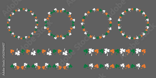 Irish decorative elements on St. Patrick Day - round frame and border line. Traditional leaves - Clover and Shamrock. Irish leves ornament for Saint Patrick's Day. Irish party - invitation or postcard