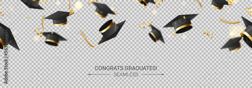 Template for decorative design of graduation. 3d graduation caps, golden confetti and serpentine on checkered background. Seamless vector illustration for decoration social media, banners, posters.