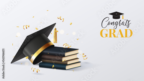 Greeting banner for design of graduation. 3d graduation cap, books, golden confetti and serpentine. Congratulations graduates. Vector illustration for decoration social media, banners.