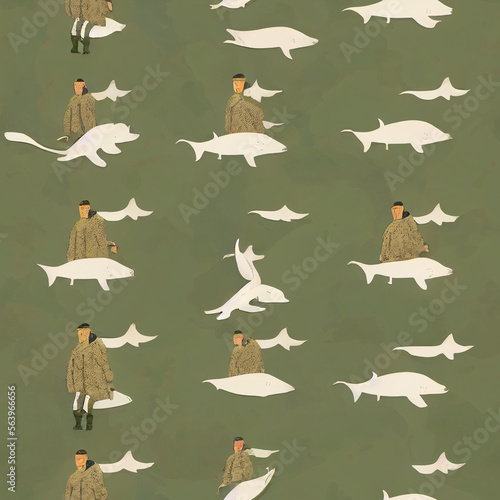 seamless pattern with dolphins and men - Floya FYN042 photo