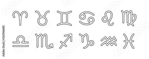 Outline zodiac signs set, astrological symbols of twelve zodiacal constellations. Vector illustrations, isolated on white background. Horoscope elements and celestial black line art icons.