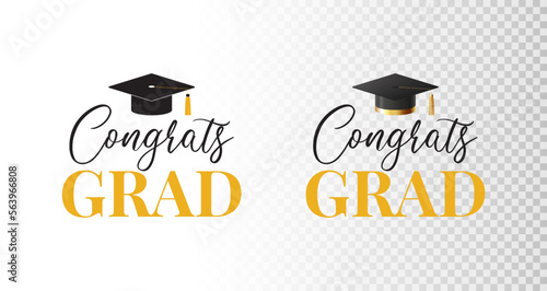 Logos for design of graduation. Vector illustration with symbols of graduation with mortar board hats. Congrats grad. Icons for decoration social media, banners, posters.