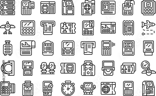 Ticket terminal icons set outline vector. City mobile. Security travel