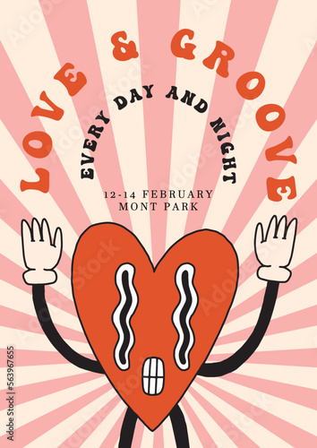 Valentines day retro 90s party poster vertical template. Happy dancing sexy heart, lettering. 50s, 60s old animation style. Vintage comic romantic vector. Cheerful, happy emotions. Isolated