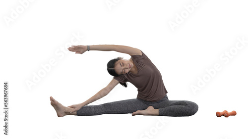 Slim fit Asian woman  Internet coach yoga and meditation coaching videos make them feel relaxed, female happiness, Stretching the muscles of the body and practicing proper breathing, Exercise concept.