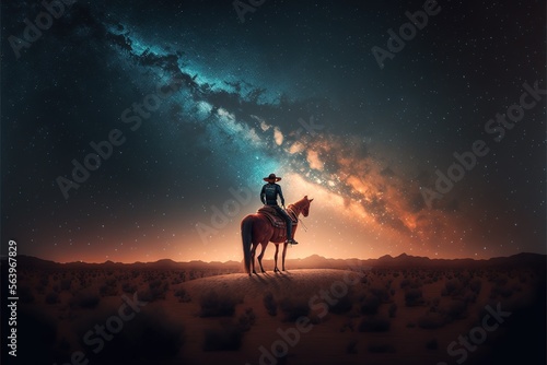  Cowboy riding his horse at night under the milky way galaxy in desert created with Generative AI technology
