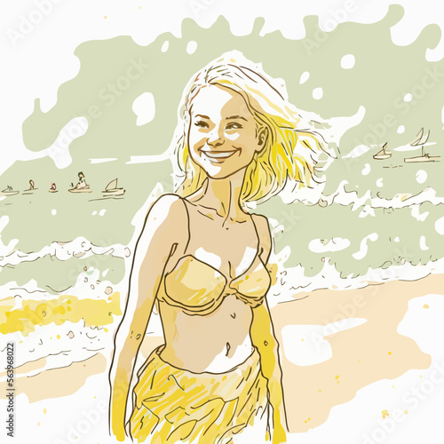 Une jeune femme blonde, pleine de vitalité et heureuse, en bikini sur une plage de vacances. Une image parfaite pour illustrer la joie de vivre et le bonheur.
