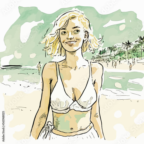Une jeune femme rayonnante en bikini, se délectant des joies des vacances sur la plage tropicale. Dynamisme, soleil et bonheur.