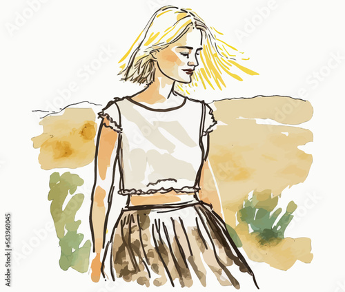 A blonde woman in skirt enjoying her holidays by the beach, with vector illustration. Perfect for making stunning visuals.