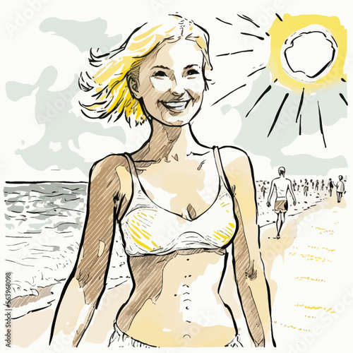 A blonde woman enjoys the vacation sun on a warm sandy beach surrounded by tourists. Bright colors, beautiful atmosphere for creative projects.