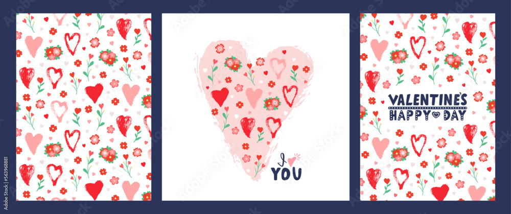 Fototapeta premium Hand drawn set of Valentine's Day invitation cards with hearts, flower, text. Love symbol. Marker and brush heart. Colorful romantic collection. Valentine handwritten doodle vector illustration