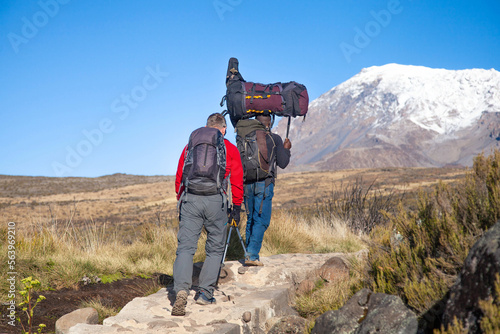 Billede på lærred A porter carrying heavy load on his head on the way to Kilimanjaro mountain