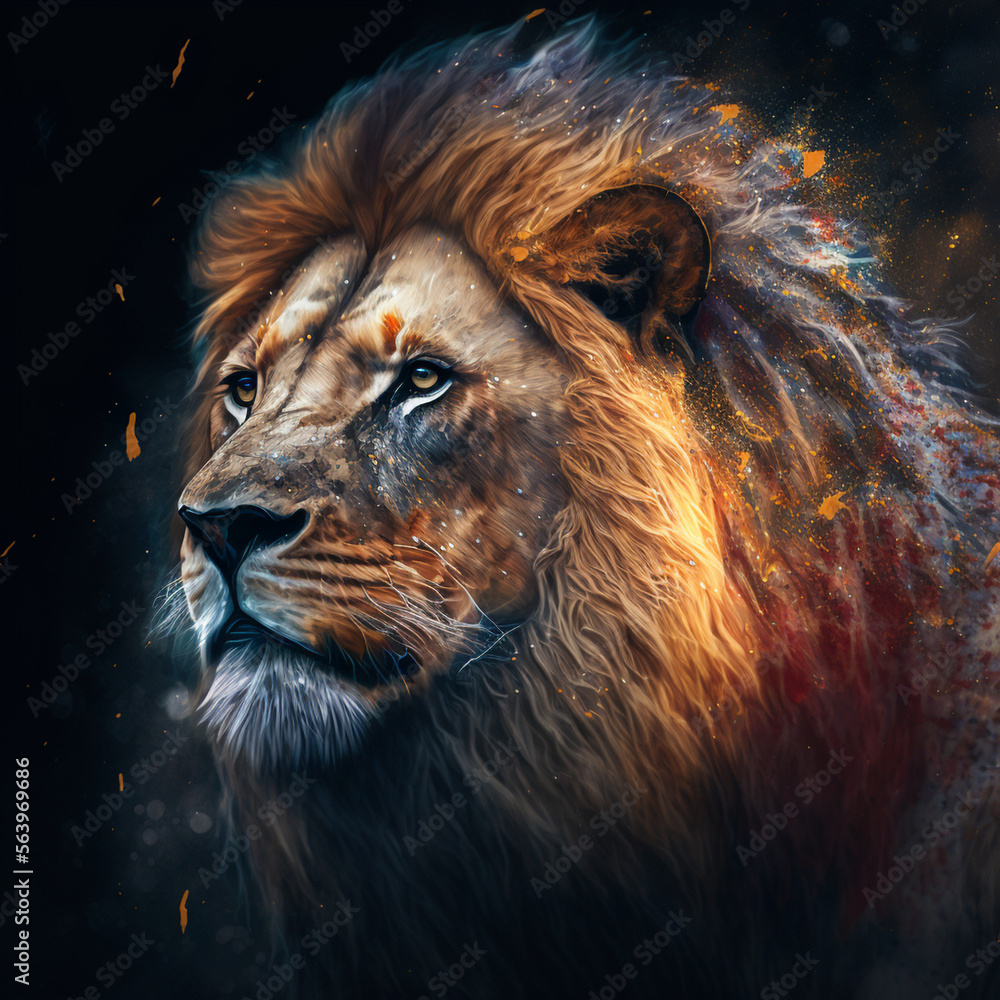 Abstract illustration of the lion king, on a dark background, in the style of painting with paints