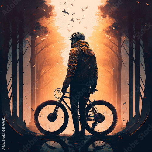 Image of a cyclist on a mountain bike in the forest, in dark yellow colors, illustration of an athlete, ai-generated art