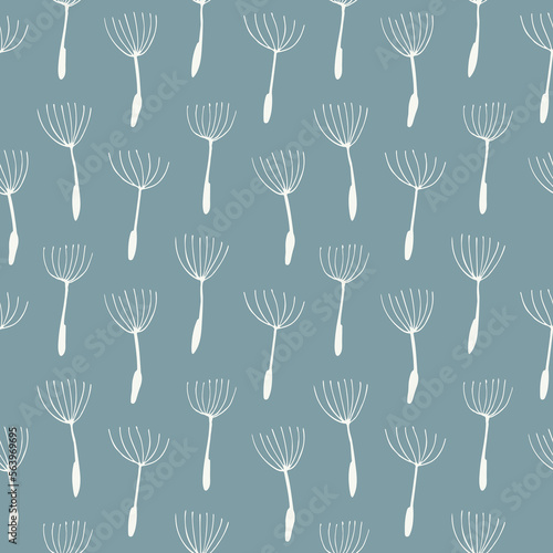 Floral seamless pattern with white blowball dandelion seeds on blue background. For textile, wallpapers, gift wrap. Isolated vector.
