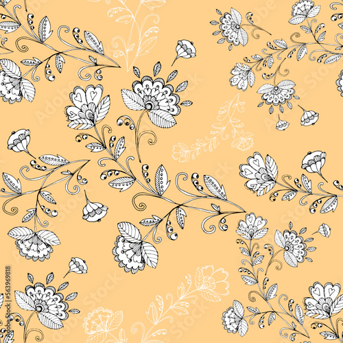 Vector seamless floral pattern on yellow background.