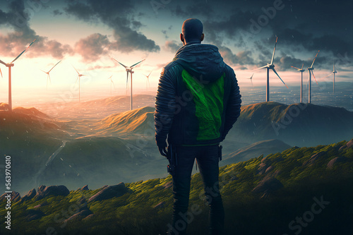 Fotografie, Obraz Young man standing on a hilltop watching wind engines in the sunrise, era of ren