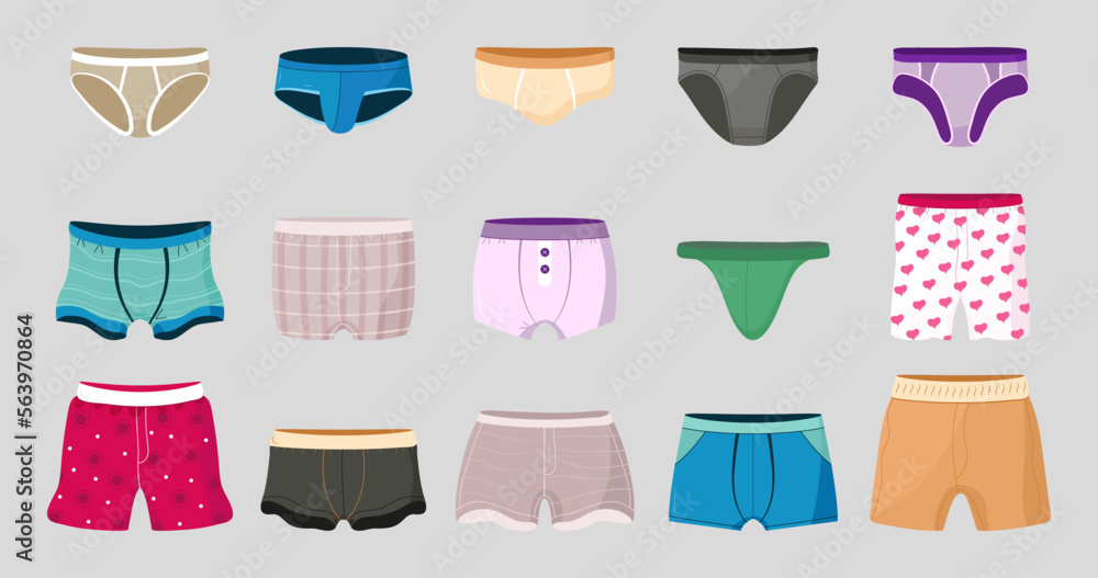 Men underwear design vector set in flat style. Boy underpants. Doodle