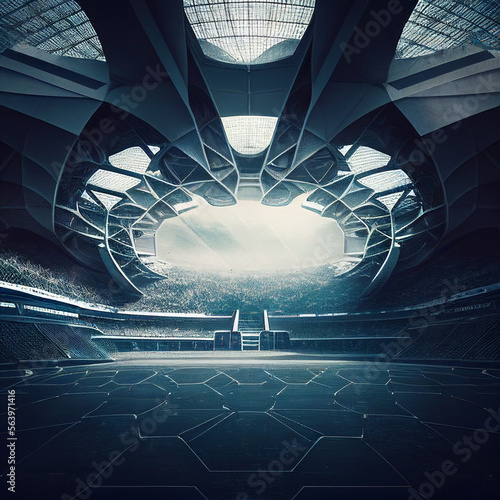 Futuristic football stadium. Monumental sports building, inside view..