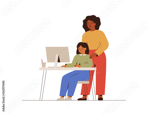 Teacher explains something to her pupil. School child performs the task using a computer. E-learning concept. Mother talk to her daughter and help to do homework. Vector illustration