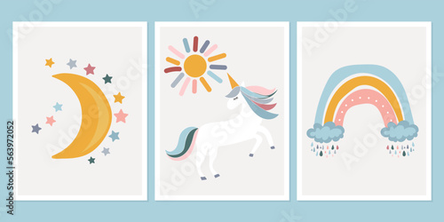 Cartoon fun rainbow. Bright doodle hand drawn illustration. Scandinavian nursery design.