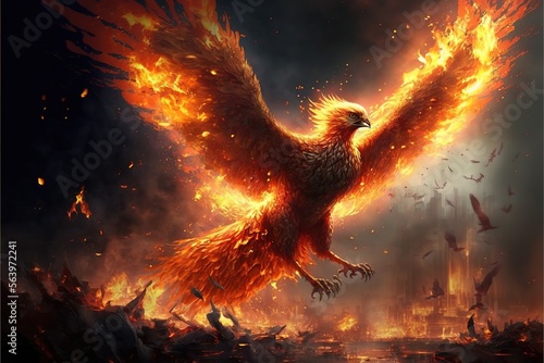 Fantastic phoenix in fire created with Generative AI technology