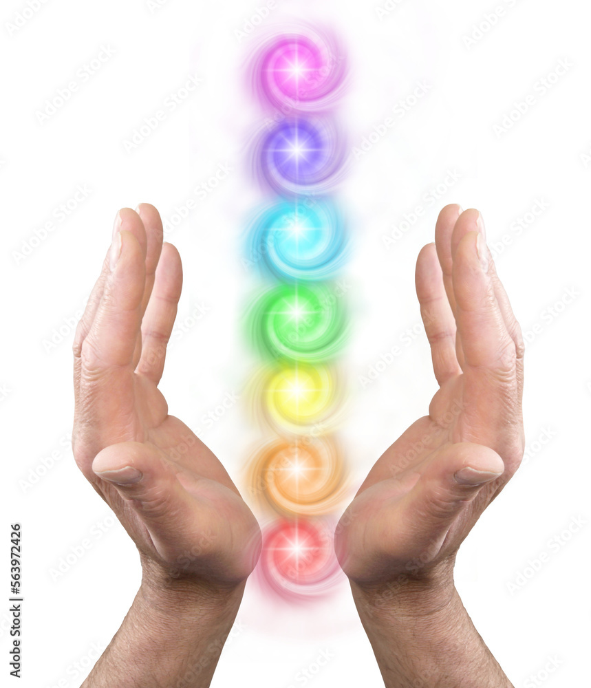 Male Reiki Healer hands palm sides facing inwards with seven rainbow ...