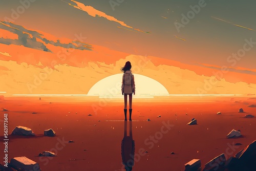 illustration numérique, jeune fille de dos regardant l'horizon et un ciel plein de nuages oranges, coucher ou lever de soleil style manga