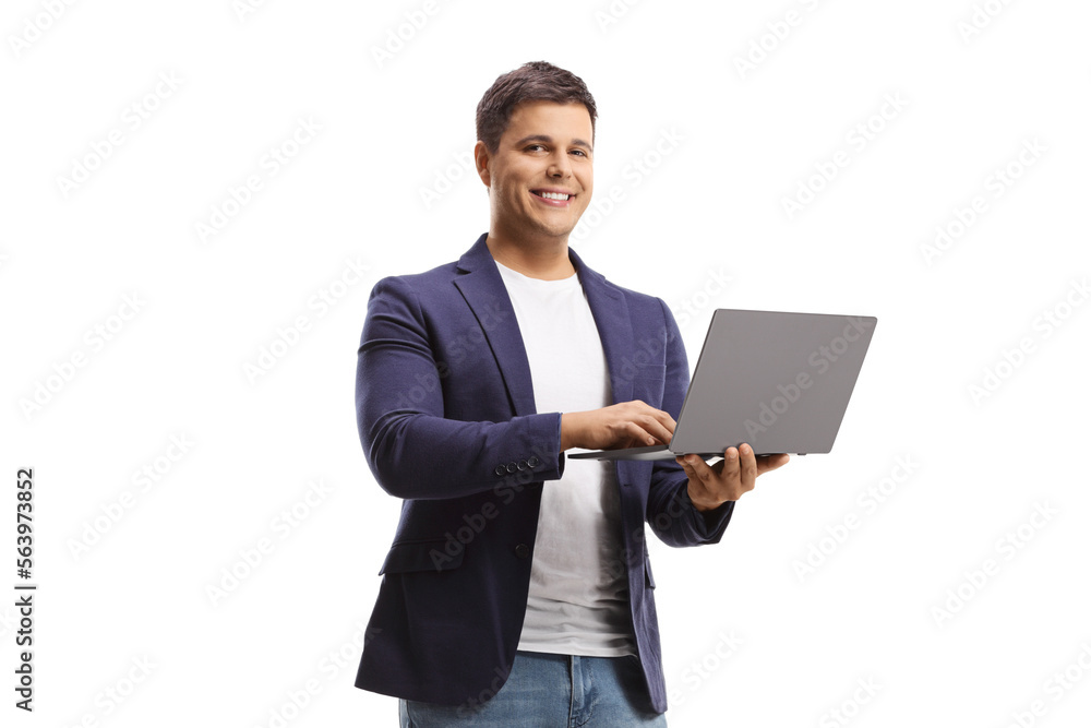 Man holding an open laptop computer and smiling at camera Man holding an open laptop computer and smiling at camera