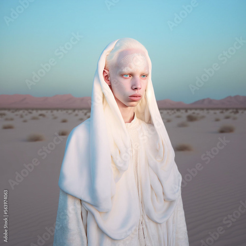 Generative ai portrait of beautiful albino woman fashionable outdoors desert photo