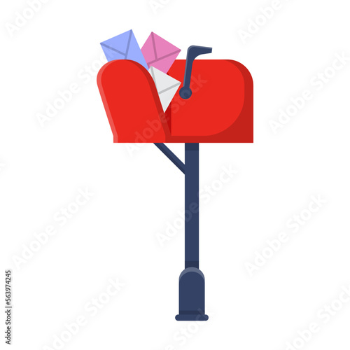 Metal mailbox. Vector illustration of vintage street postbox for wall of house. Cartoon classic letterbox or box for envelopes in slot isolated white. Post service concept