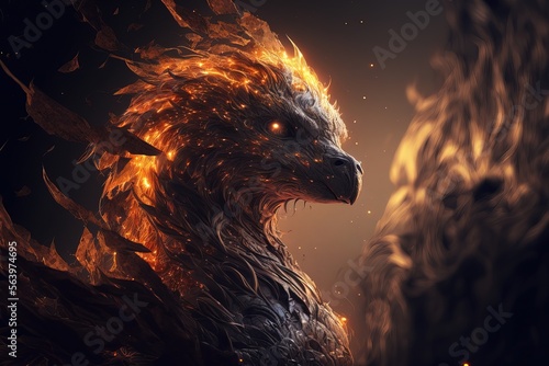 Slika na platnu portrait d'animal fantastique et mythologique magique en flammes et étincelles sur fond sombre