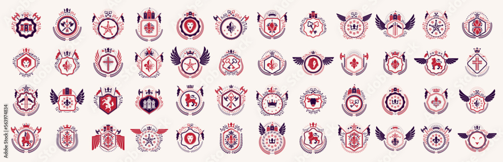 Classic style emblems big set, ancient heraldic symbols awards and labels collection, classical heraldry design elements, family or business emblems. Classic style emblems big set, ancient heraldic symbols awards and labels collection, classical heraldry design elements, family or business emblems.