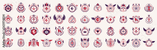 Classic style emblems big set, ancient heraldic symbols awards and labels collection, classical heraldry design elements, family or business emblems.