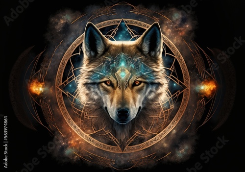 illustration numérique et chamanique de loup magique centré avec un regard perçant, mandala cosmique de l'univers animal photo