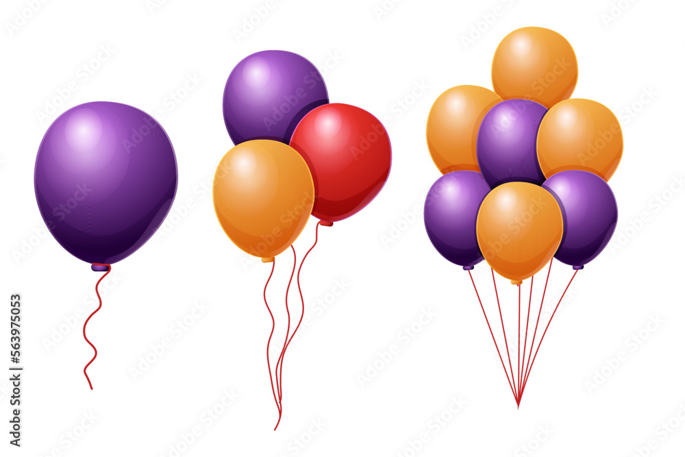 Set colorful party collection balloons with bow set in cartoon style isolated on white background.