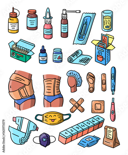 Vector hand drawn pharmacy doodles. Health care nasal and oral sprays, maternity pregnancy band, diaper icons. Syringe, face mask, pill box, orthopedic insole medical tools. Black contoured medicines