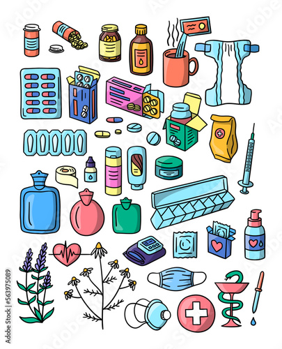 Vector hand drawn pharmacy doodles. Health care warmer, syringe, blood pressure meter tools and pills in boxes and bottles isolated. Condoms, lube, face mask, lavender and chamomile herbs illustration