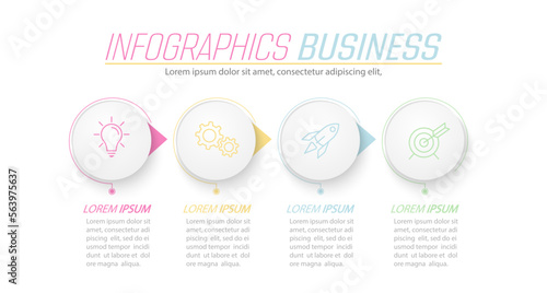 Business infographics. 4 stages of achieving the goal. Stages of the workflow, development, marketing, plan or training. Business strategy with icon icons. Report or statistics schema