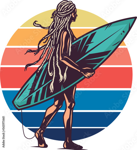 Surfing print of girl surfer on coast with surfingboard walking on the beach. Vector illustration summer hawaii t-shirt design