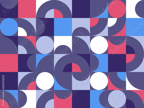 Geometric abstract seamless pattern with colorful simple elements of geometry, wallpaper background in retro 70s style, Bauhaus constructive style tiles.