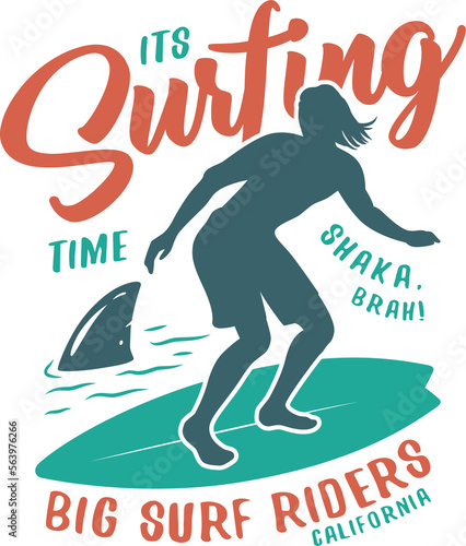Photography Colored surfing board, man and shark on a wave