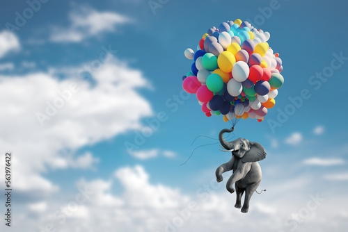 An elephant holding onto a bunch of inflatable balloons is flying through the sky with clouds. Surrealism, freedom, modern design, magazine style, dream. 3D illustration, 3D rendering.
