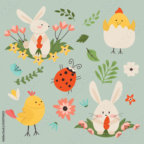 A set of spring elements in a hand-drawn style, vector illustration for a postcard, cover, background, banner, flyer, packaging