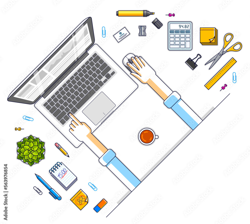 Fototapeta premium Office desk workspace top view with hands of office employee or entrepreneur, PC notebook and diverse stationery objects for work. All elements are easy to use separately. Vector illustration.